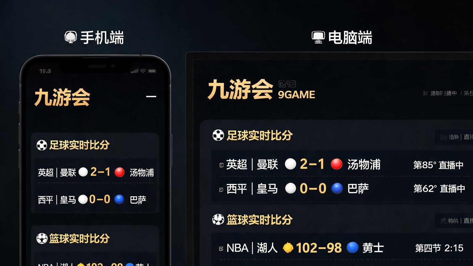 九游会APP界面展示足球和篮球实时比分推送，覆盖手机和电脑多设备同步，界面以深色为主搭配金色点缀